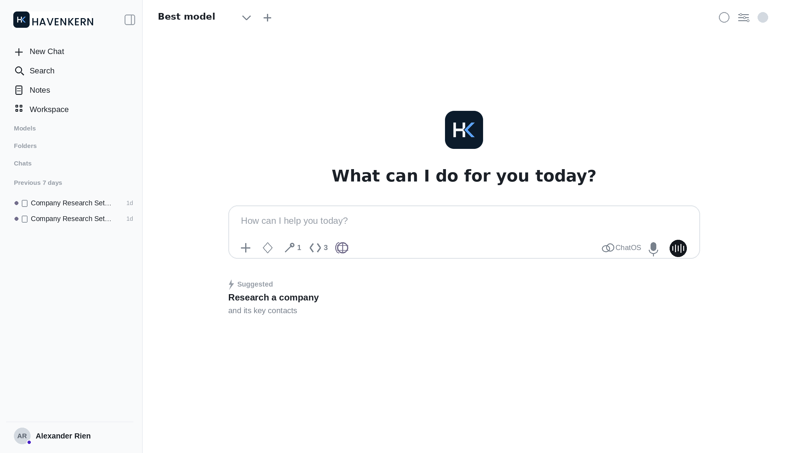 The HAVENKERN interface — one private chat connected to your company's tools, files and data